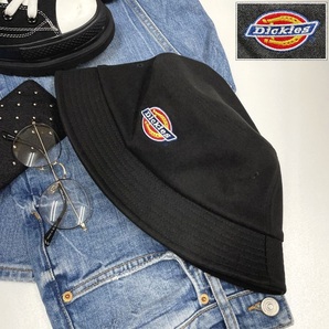 Dickies ブラック バケットハット 帽子 スポーツ ゴルフ アウトドアキャンプ バイク 釣り ワッペンホワイトロゴ アクセサリー ディッキーズ