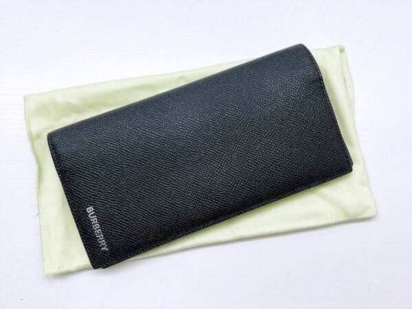 美品 BURBERRY バーバリー ロゴ 二つ折り 長財布 グレインレザー 黒 シルバー 8014642