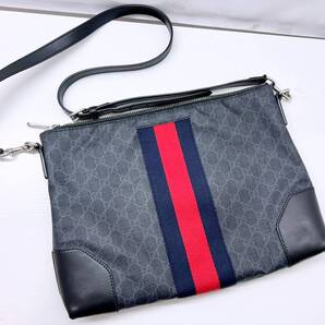 良好品 GUCCI グッチ GGスプリーム PVC ショルダーバッグ ウェブ グレー レッド 474139