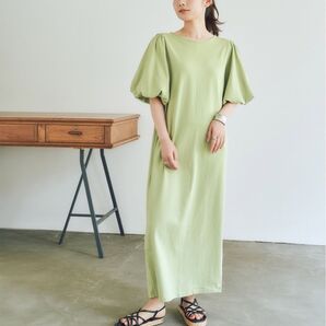 titivate半袖ワンピースライトグリーン 黄緑色 グリーン ロングワンピース ボリューム袖