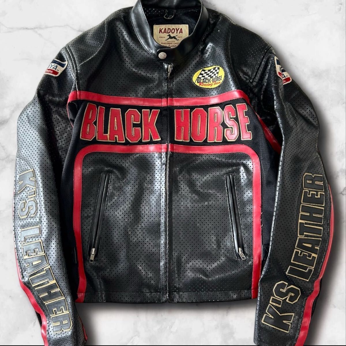 大割引 レザージャケット カドヤ BlACKHORSE 黒×赤 バイカー 牛革 ジャケット・アウター