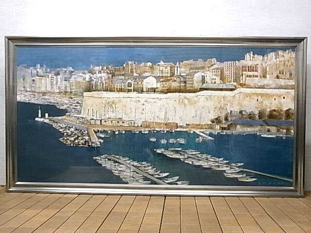 真作】絵画 油彩8号 戸田港 港町の風景画 穏やかな海と島の調和 V74