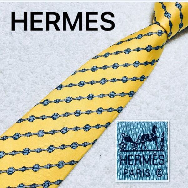 ■表側美品■HERMES エルメス ネクタイ レジメンタルストライプ シルク100% フランス製 イエロー ビジネス