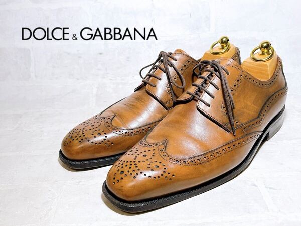 イタリア製【美品】DOLCE & GABBANA ドルガバ 高級 ウィングチップ ドレスシューズ 本革 茶 UK6(約24.5cm) グッドイヤー製法