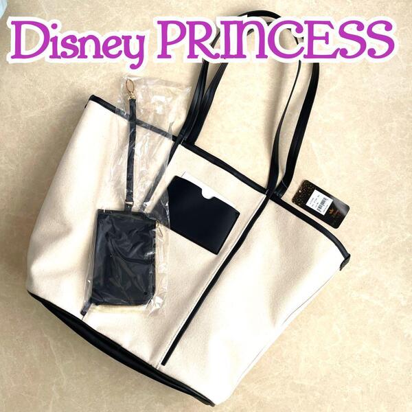 レディースディズニーDisney プリンセス トート バッグ オフホワイト 新品 未使用 キャンバス地 白 パスケース