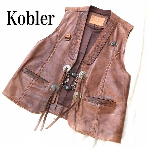 ★ Kobler 社製 コブラー KOBLER ウエスタン レザー 本革 革製 ベスト コンチョ クラフト HARLEY-DAVIDSON ワッペン スカル カスタム S