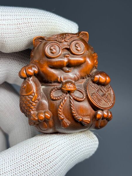 縁起物 招き猫 開運 財運 置物 根付 黄楊木 一刀彫 細工 コレクション