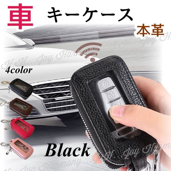 スマートキーケース キーホルダー 牛革 wポケット レザー カラビナ ブラック