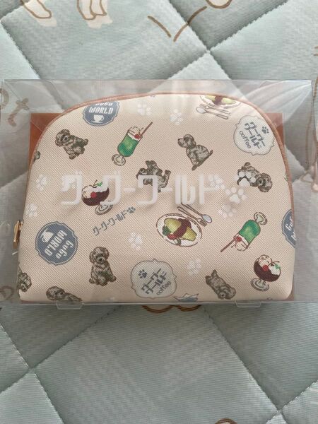 新品未開封品♪グーグーワールド ラウンド型ポーチ 犬柄レトロ喫茶店柄 化粧ポーチ サニタリーポーチ