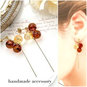 NO.391 ちゅるん鈴丸ビーズ×ゴールドスティック/ピアス/イヤリング/ブラウン/サージカルステンレス/金具変更無料☆