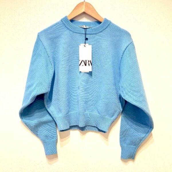 新品 タグ付き ZARA ニット セーター 長袖 クルーネック M S ブルー 水色