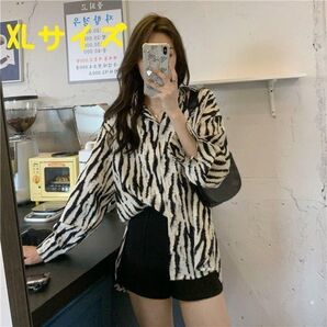 レディース ブラウス シャツ レトロ ゼブラ長袖 韓国ファッション XL