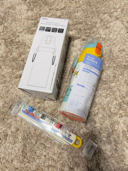 【極美品・未使用】Skater スヌーピー ロック付きワンプッシュステンレスボトル&箸セット