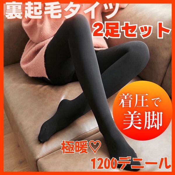 タイツ 裏起毛タイツ 極暖 着圧 フェイク ブラック 2足セット 防寒 美脚