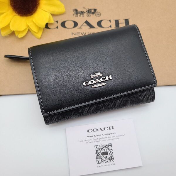 COACH 折り財布 新品 ブラック シグネチャー 最新作 小銭入れ お札 レディース 三つ折り財布
