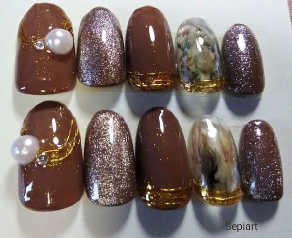 No234 ジェルネイルチップ☆付け爪☆ブラウン×マグネット☆ニュアンス☆秋ネイル