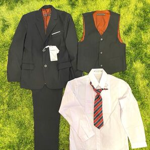 【新品】3ピース デザインスーツ 5点セット 140cm ブラック キッズスーツ ボーイズ セットアップ