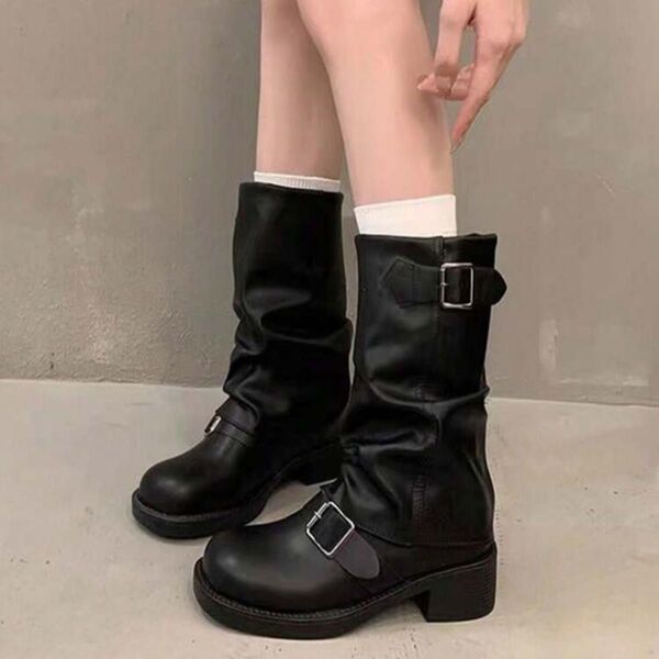 shein ミドルブーツ レザー