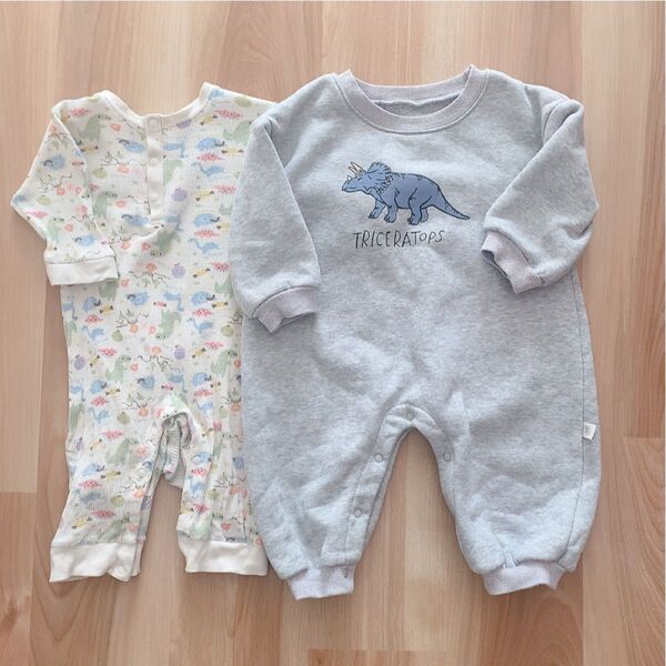 裏起毛 恐竜 グレー ロンパース 80 90 長袖ロンパース ロンパース 子供服