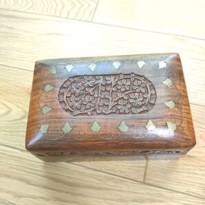 インド製木製 小物入れ 宝石箱 木彫象嵌
