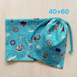 40×60 給食セット 巾着&ランチョンマット トレジャーハント*ウォーターグリーン*両紐