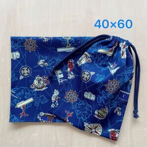 40×60 給食セット 巾着&ランチョンマット トレジャーハント*ブルー*両紐