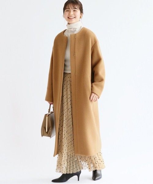 IENA ラムウールノーカラーロングコート