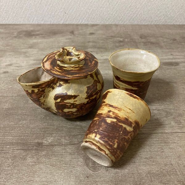 瀬戸焼 窯神焼 加藤春武 小茶器揃え 宝瓶 湯呑み2客〈検 萩 伊賀 信楽 志野