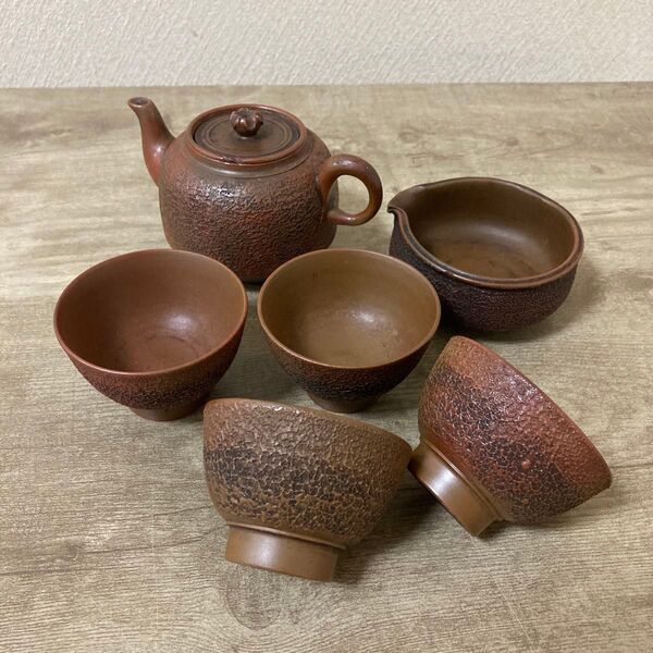 古備前 香山 小茶器揃え 時代 急須 湯冷し 湯呑み5 明治〈検 常滑 朱泥
