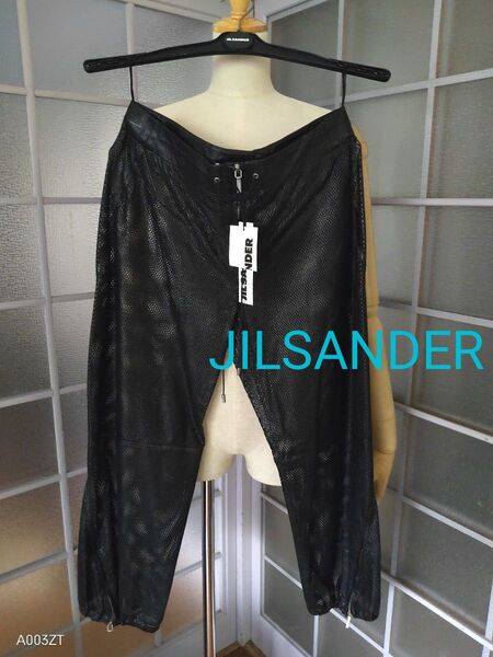 タグ付★JILSANDER ジルサンダー デザイン レザーメッシュ パンツ 黒 リアルレザー