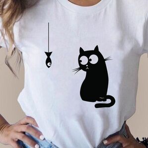 【人気】 猫 プリント Tシャツ カットソー イラスト XL ホワイト ⑦
