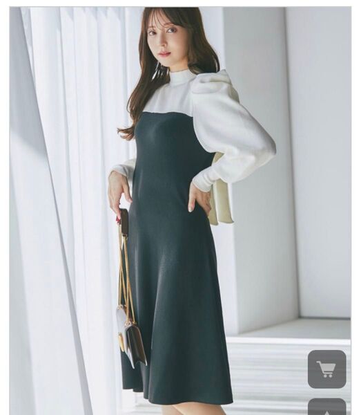 tocco 前後2WAYボウタイリボン付きパワーショルダー配色ニットワンピース