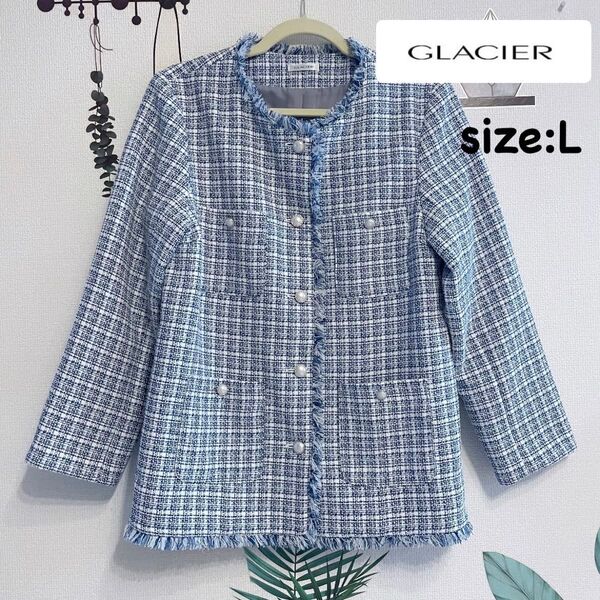 GLACIER ツイード ノーカラー フォーマルジャケット パール ブルー L