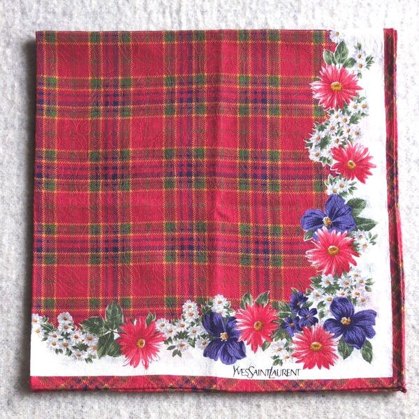 YVES SAINT LAURENT イヴサンローラン ハンカチ 赤 レッド フラワーモチーフ 花柄