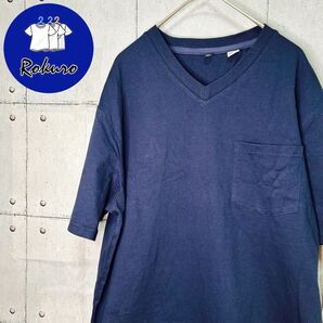 大きめ】COTTONUSAコットンユーエスエー Vネックポケット半袖TシャツXLサイズ 胸ポケット ネイビー