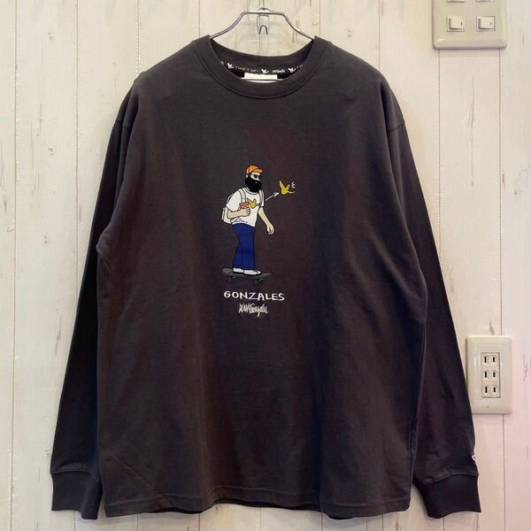 新品 タグ付き ART BY MARK GONZALES 袖リブロングスリーブTシャツ チャコール スケボー 刺繍 Mサイズ