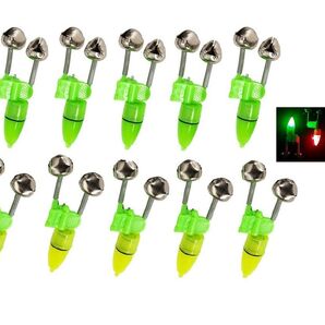 10セット入り 穂先ライトと鈴 釣り鈴 警報ベル 釣り竿用アラームベル ダブルの鈴の音 LEDライト電池付き 夜釣り