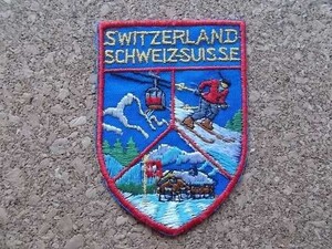 80s スイス SUISSE 刺繍ワッペン/山小屋ゴンドラ雪山ヨーロッパ旅行スキー紋章パッチ土産スーベニア手芸アップリケ裁縫SWITZERLAND登山