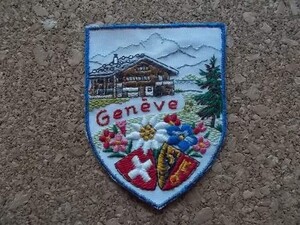 80s スイス ジュネーヴ GENEVE 刺繍ワッペン/山小屋ハイキング登山ヨーロッパ旅行エンブレム紋章パッチ土産スーベニア手芸アップリケ裁縫