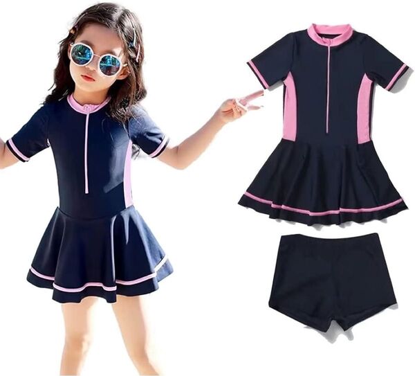 キッズセパレート水着 スクール水着 温泉 ワンピース ショートパンツ 上下2点セット ジュニア ガールズ ラッシュガード 90cm