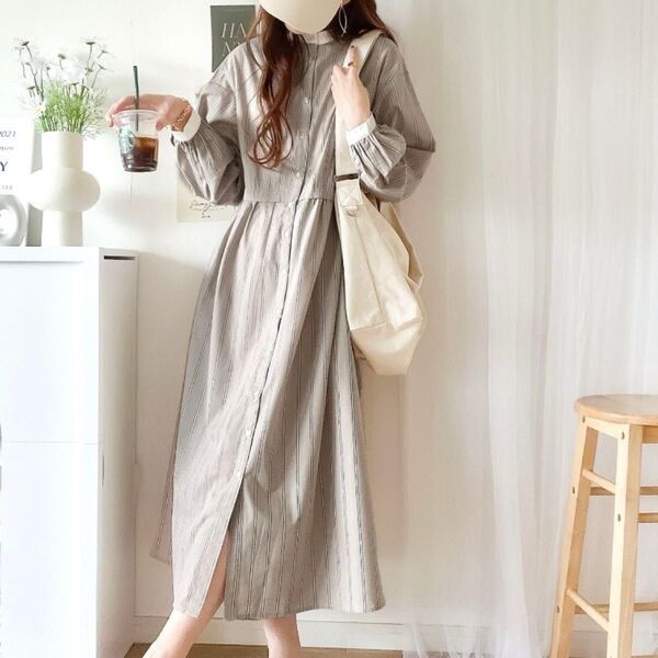 mily bilet マルチストライプクレリックシャツワンピース ロング グレイッシュベージュ