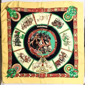 中古良品 エルメス HERMES カレ90 Carre90 CHEVAUX DE TRAIT 大判 シルクスカーフ 黄 黒 緑