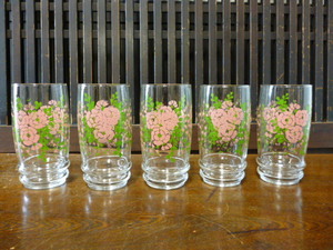  Showa Retro glass 5 piece set rose pink tumbler kitchen interior display 