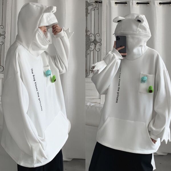 パーカー カエル フード トップス ビッグシルエット 長袖 プルオーバー オーバーサイズ L XL XXL 選べる 白 ホワイト