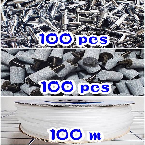 【送料込】一方コック 100個 + エアーストーン 100個 + エアーチューブ 100m 金魚・メダカ水槽のエアー供給用に エアーコック接続用に