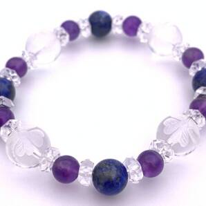 天然石彫り水晶☆四葉のクローバー&アメジスト&ラピスラズリのブレスレット