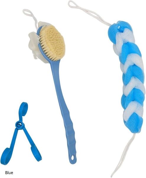 ボディブラシ ボディスポンジ 収納フック 3点セット 背中洗い 背中ブラシ 柔らかい(Blue)
