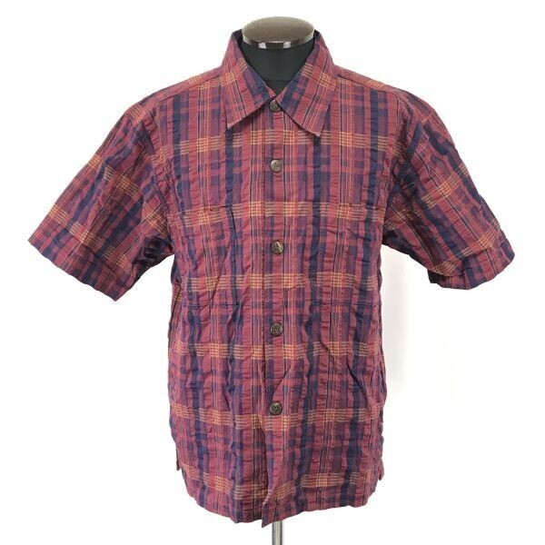 RORE-POP★薄手♪爽やか生地/半袖シャツ/チェック柄【メンズL/ワインレッド/wine red】Tops/Shirts◆BH550