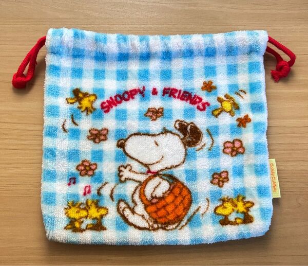 SNOOPY スヌーピー ウッドストック 巾着 バッグ タオル地 ポーチ 小物入れ チェック柄 SANRIO サンリオ