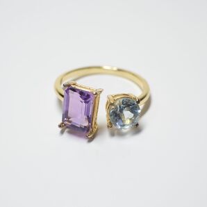 天然石◆アメジスト×スカイブルートパーズ【フリーサイズ】フォークリング 指輪 金アレ対応